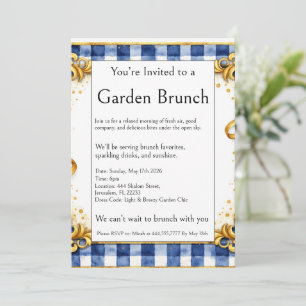 Outdoor-Brunch-Party Gold Blau Weiß Gingham Glamou Einladung