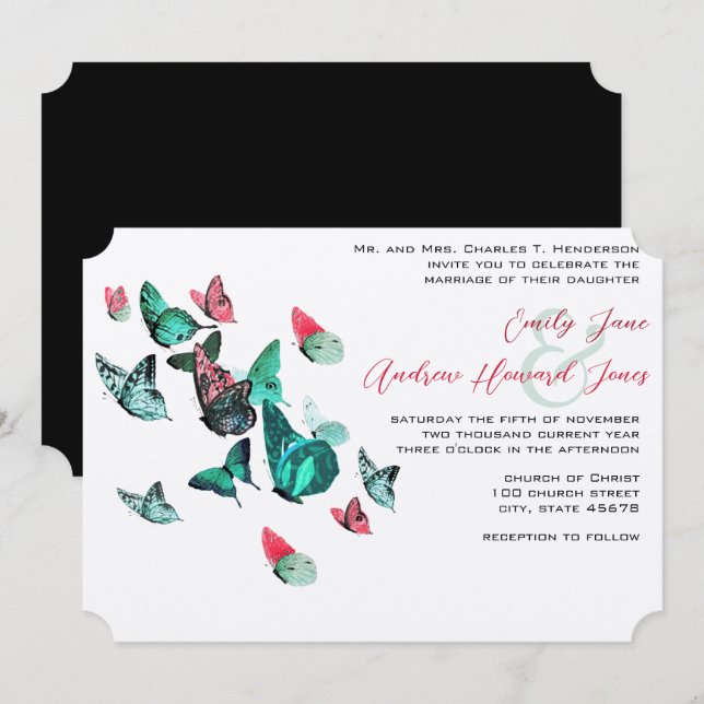 Outdoor Garden Schmetterling Pink & Neo Mint Weddi Einladung (Vorne/Hinten)