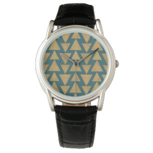 Outdoor Geo Step Gold & Dark   Teal Pattern Armbanduhr