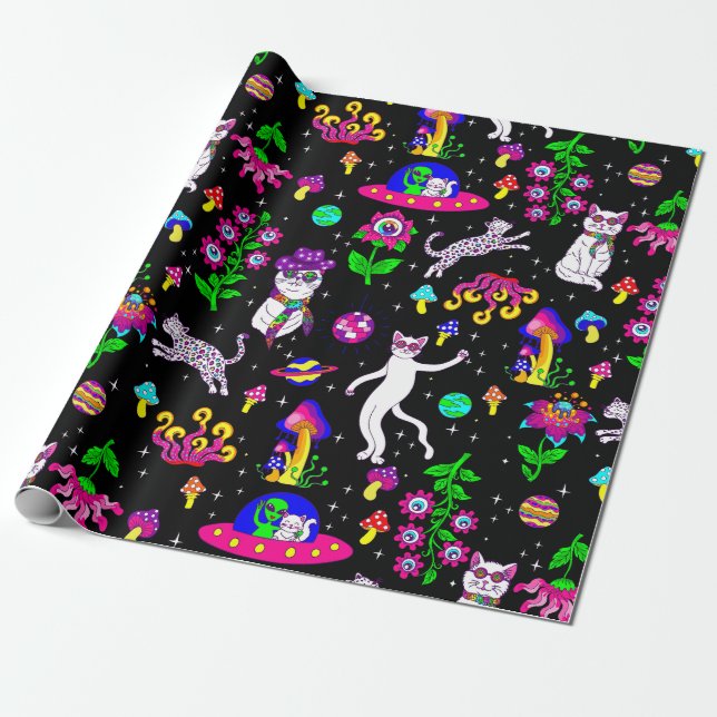 outer space disco cat alien ufo leopard surreal geschenkpapier (Ungerollt)