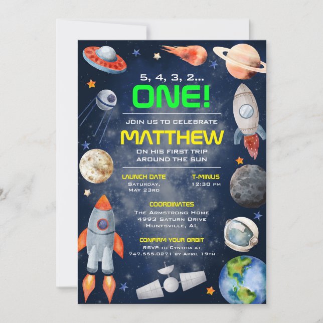 Outer Space First Birthday Invitation Einladung (Vorderseite)