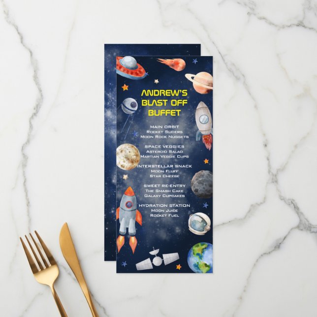 Outer Space First Birthday Menu Menükarte (Vorderseite/Rückseite Beispiel)