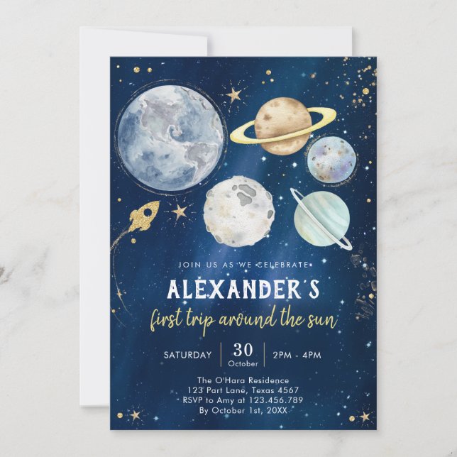 Outer Space First Trip Around the Sun 1st Birthday Einladung (Vorderseite)