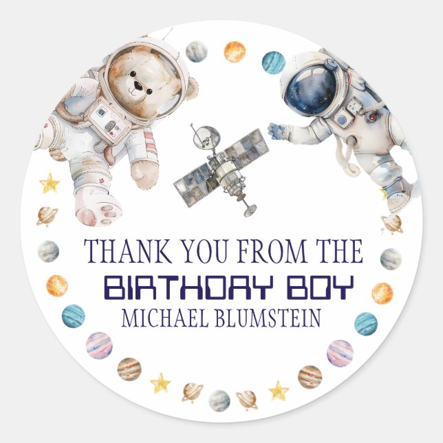 Outer Space Geburtstagsparty Danke Runder Aufkleber (Vorderseite)