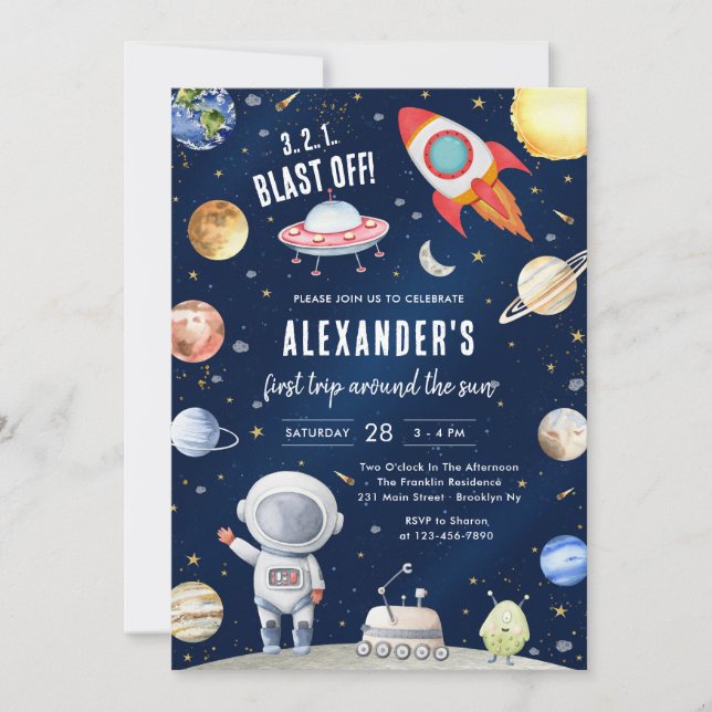 Outer Space Planets Astronaut Boy Birthday Einladung (Vorderseite)