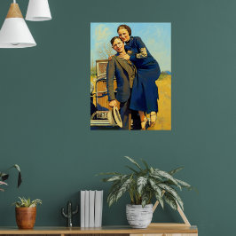 Outlaws Bonnie & Clyde The Barrow Faux Painting Poster