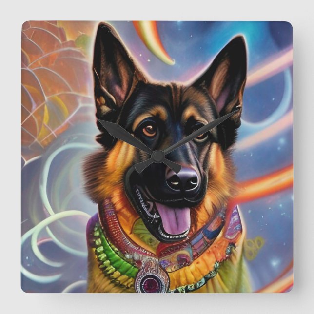 Outta This World Trippy German Shepherd Quadratische Wanduhr (Vorderseite)