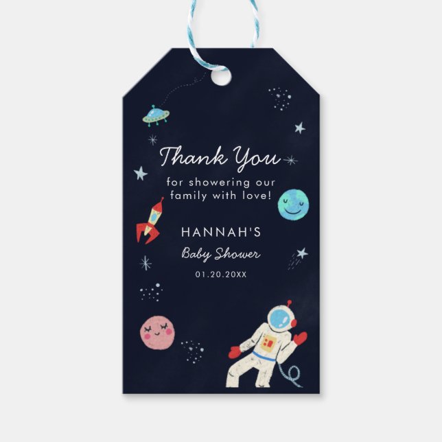 Oututer Space Baby Shower Boy Geschenkanhänger (Vorderseite)
