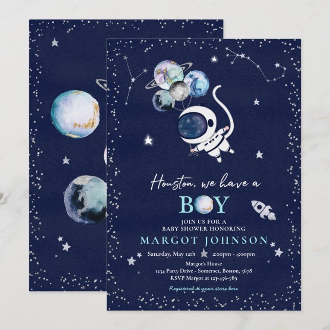 Oututer Space Boy Baby Dusche Galaxy Baby Dusche I Einladung (Vorne/Hinten)