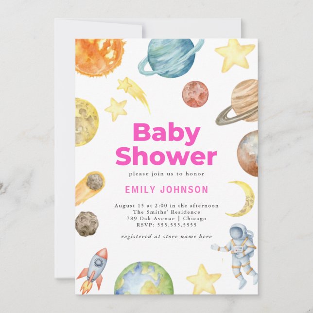 Oututer Space Girls Baby Dusche Einladung (Vorderseite)