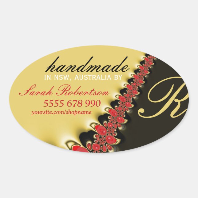 Oval Aufkleber für Red Lace & Gold Satin Handmade (Vorderseite)