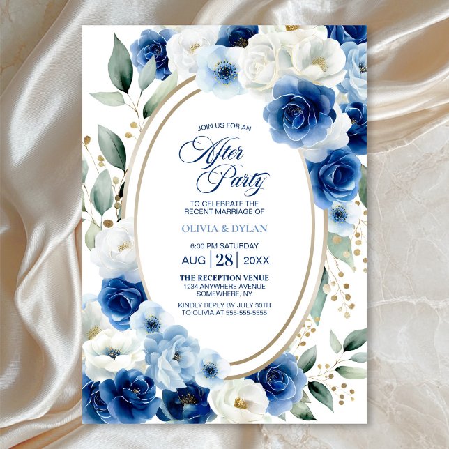 Oval Blue Floral Wedding After Party Einladung (Von Creator hochgeladen)