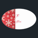 Oval Christmas Geschenk Tag Sticker-Snowflakes Ovaler Aufkleber<br><div class="desc">Hintergrund ist Weiß mit einem festlichen rot-weißen Schneeflockenprint. Text von To: & From: auf Aufkleber für Ihren Geschenkempfänger. Anpassen oder kaufen,  wie es ist. Made zu koordinieren mit allen Arten von Weihnachtspapier,  Geschenkpackung.</div>