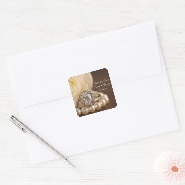 Oval Diamond Ring Hochzeit speichern das Datum Quadratischer Aufkleber (Umschlag)