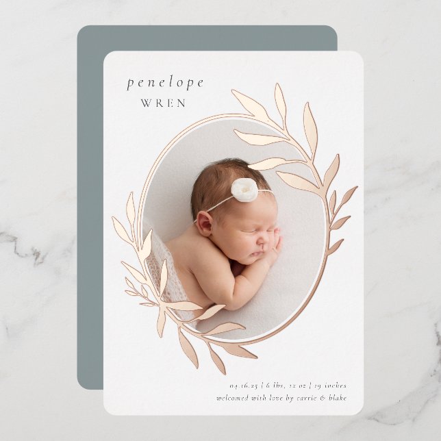 Oval Laurel | Bekanntgabe von Foil Birth Folieneinladung (Vorderseite/Rückseite)