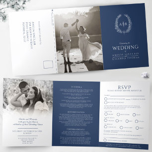 Oval monogramm Hochzeit RSVP blau weiß Dreifach Gefaltete Einladung