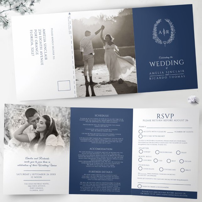 Oval monogramm Hochzeit RSVP blau weiß Dreifach Gefaltete Einladung (Von Creator hochgeladen)