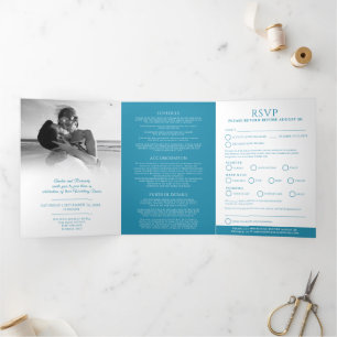 Oval monogramm Hochzeitsoption UAWG blau aquamarin Dreifach Gefaltete Einladung