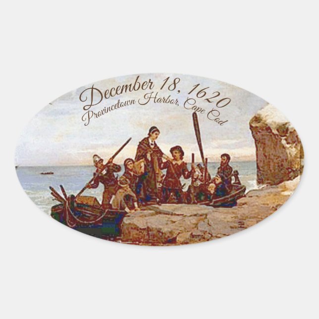 Oval "Provincetown Harbour landung The Pilgrims" Ovaler Aufkleber (Vorderseite)