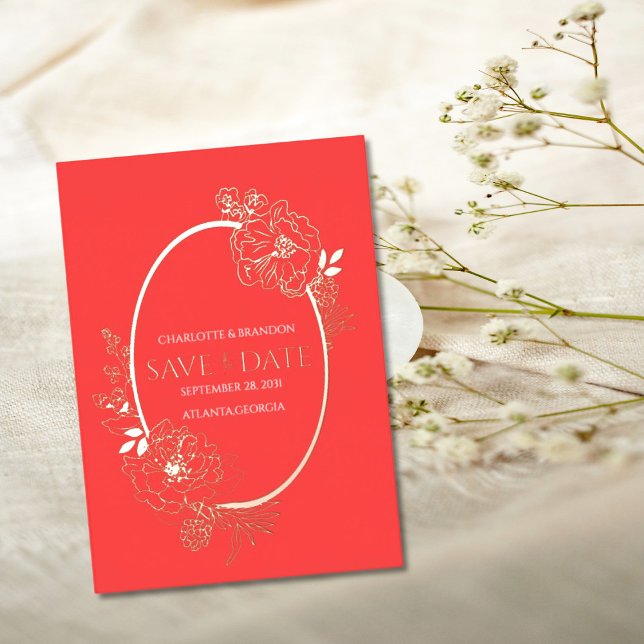 Oval Rote Modern Floral Oval Save the Date Folieneinladung (Von Creator hochgeladen)