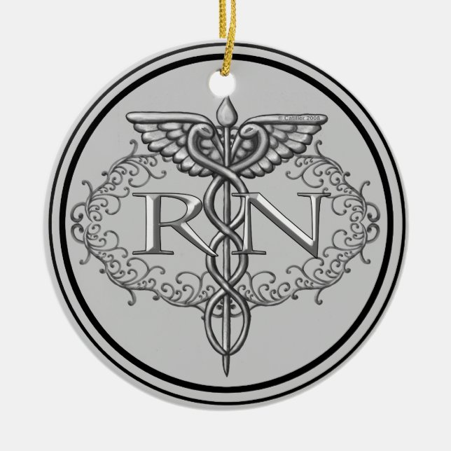 Oval Silver Caduceus RN Nurse Keramik Ornament (Vorne)