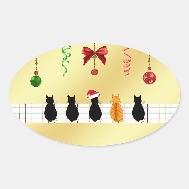 Ovale Chic Sticker avec les chats de Noël (Devant)
