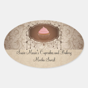 Ovale Élégant Glamor Mocha Damask Cupcake Sticker Étique