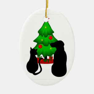 Ovale En Céramique Animaux de Noël Chien et Chat Ornement