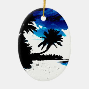 Ovale En Céramique Bleu noir blanc Palm Tree Beach Ornement