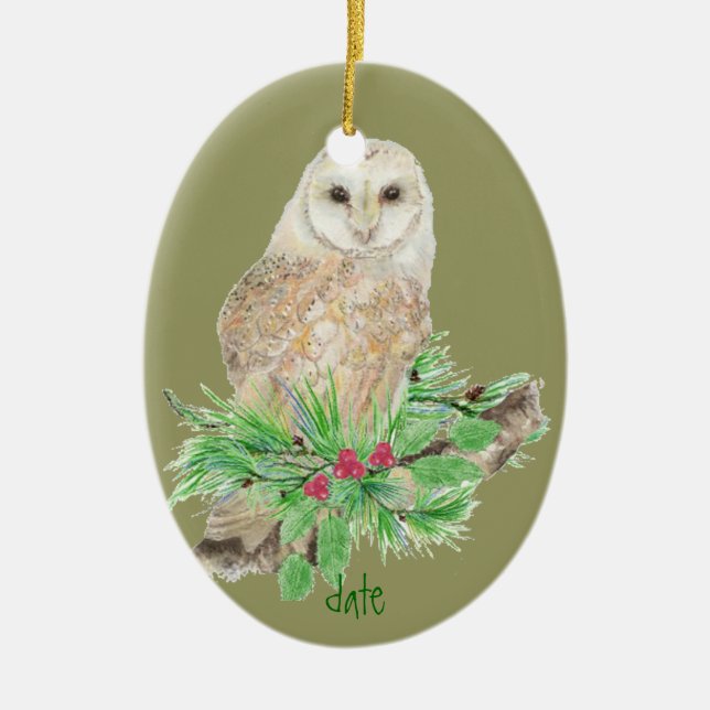 Ovale En Céramique Date personnalisée Ornement de la Chouette de Noël (Devant)
