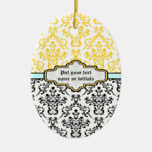 Ovale En Céramique Motif Damas noir blanc jaune aqua ornement