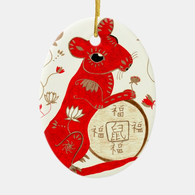 Ovale En Céramique Ornement chinois d'astrologie de rat (Devant)