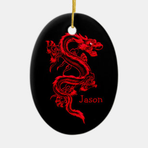 Ovale En Céramique Ornement de dragon rouge