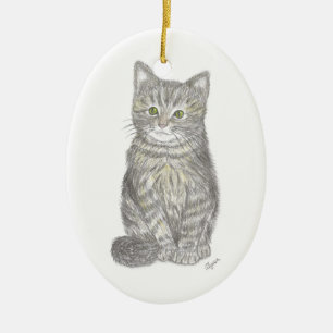 Ovale En Céramique Ornement Grey Kitten