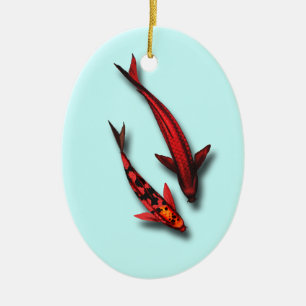 Ovale En Céramique Ornement rouge de poissons de Koi