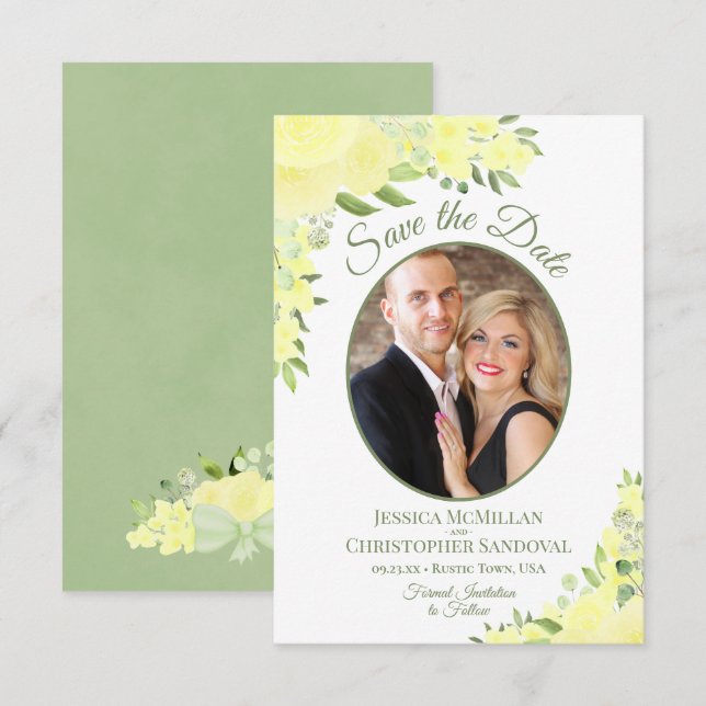 Ovale Hochzeit des Gelben Fotos Save The Date (Vorne/Hinten)