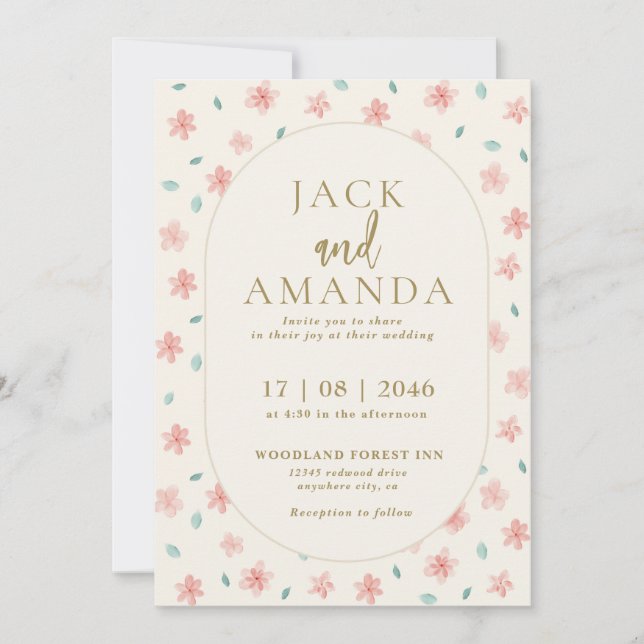 Ovale Hochzeitsfeier mit Aquarellcreme Einladung (Vorderseite)