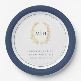 Ovale Kranzkunst verlasse goldblaue Monogramm-Hoch Pappteller
