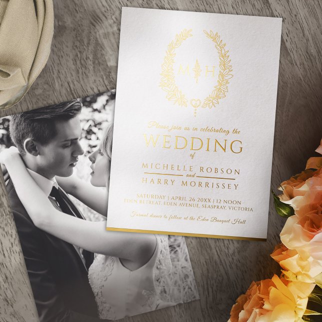 Ovale leaf-line Art Hochzeit mit weißer Goldfolie Folieneinladung (Von Creator hochgeladen)