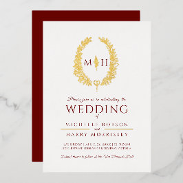 Ovale Leaf-Linie Kunst Hochzeit bordeauxrote Goldf Folieneinladung