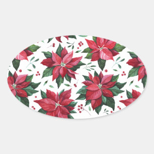 Ovale Sticker Poinsettia et Berries rouges