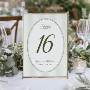 Ovale Tischnummer in sanftem Salbeigrün gestreift