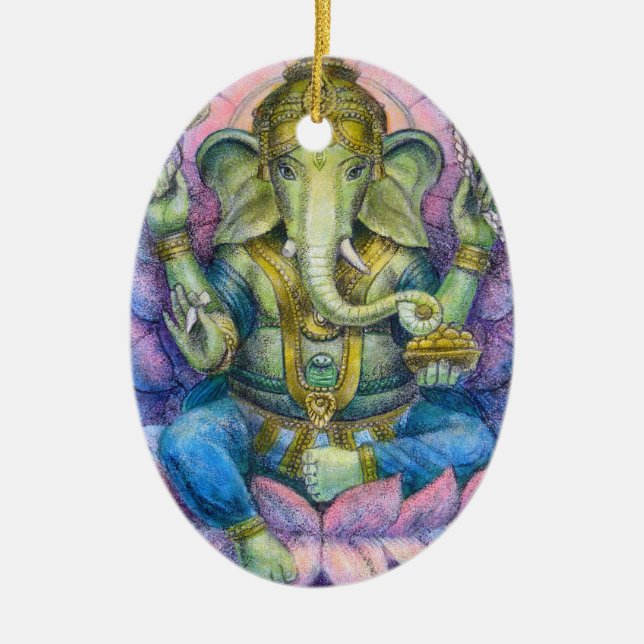 Ovale Weihnachtsverzierung Lotuss Ganesha Keramikornament (Vorne)