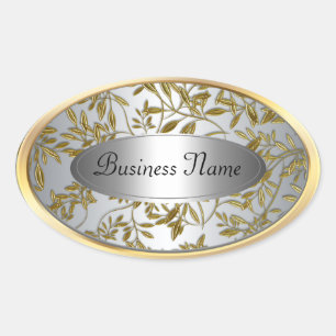 Ovaler Aufkleber Label Schwarz Silber Gold Floral