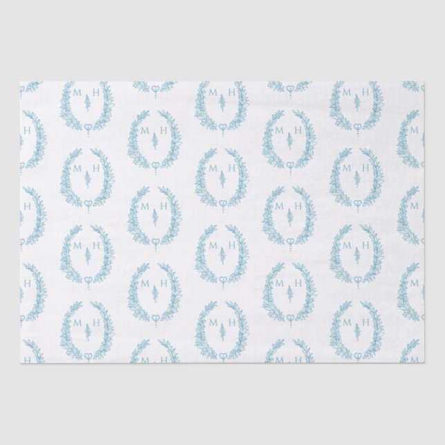 Ovales Leaf-Monogramm zeichnend blaues Aqua-Weiß-H Seidenpapier (Vorderseite)
