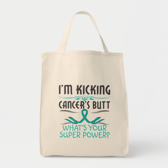 Ovarialkarzinom Kicking Cancer Hintern Super Power Tragetasche (Vorne)
