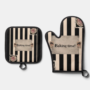 Oven Mitt & Pot Holder Black Baking Time Ofenhandschuh & Topflappen-Set