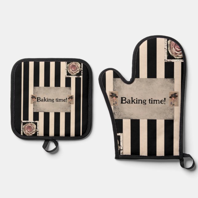 Oven Mitt & Pot Holder Black Baking Time Ofenhandschuh & Topflappen-Set (Vorderseite)