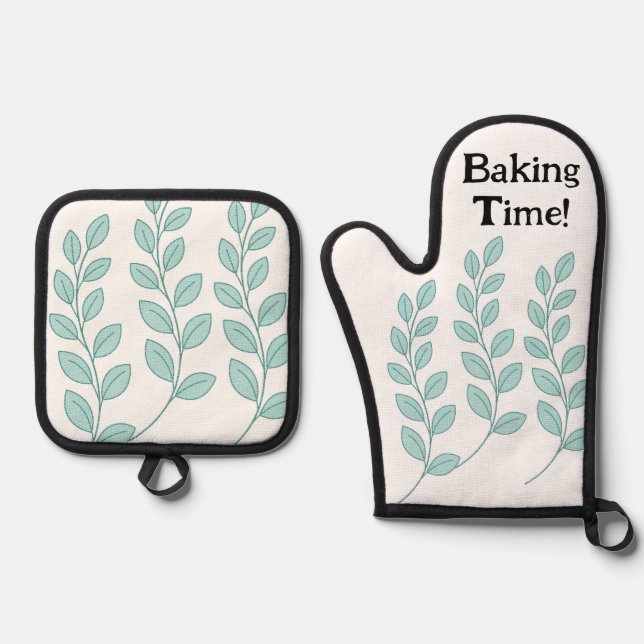 Oven Mitt & Pot Holder Grüne Blätter Backzeit Ofenhandschuh & Topflappen-Set (Vorderseite)