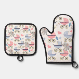 Oven Mitt & Pot Holders Baby Stroller Elephant Ofenhandschuh & Topflappen-Set